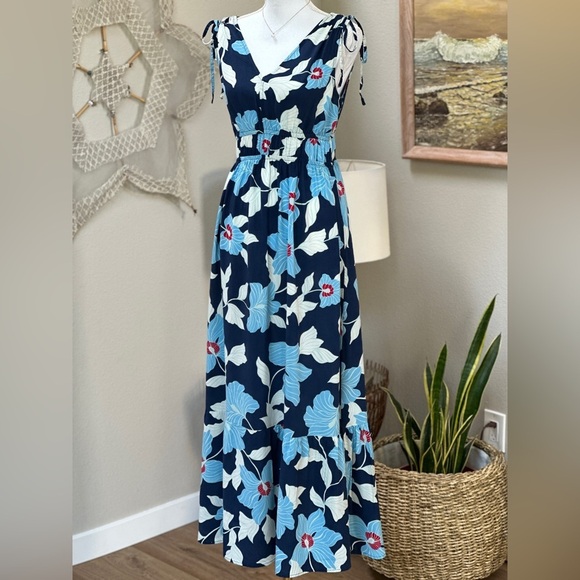 Red, White, And Blue Hawaiian Floral Maxi Dress - Picture 1 of 11